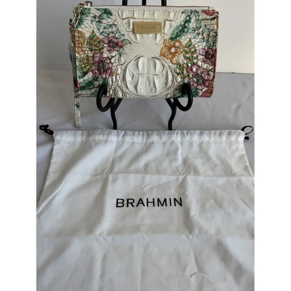 Brahmin Millie Ivory Tahiti Leather Embossed Floral Wristlet Wallet DustBag RARE